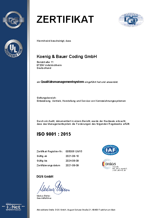 DQS ISO 9001:2015 Zertifikat