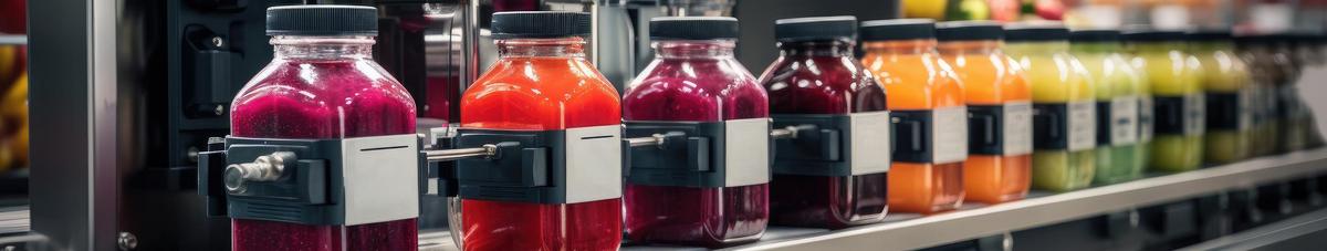 Modern production line for bottling and packaging natural juices and drinks. Concept of an industrial juice bottling plant, conveyor with juice.