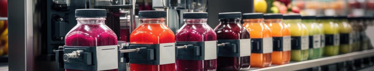 Modern production line for bottling and packaging natural juices and drinks. Concept of an industrial juice bottling plant, conveyor with juice.