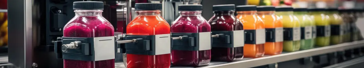 Modern production line for bottling and packaging natural juices and drinks. Concept of an industrial juice bottling plant, conveyor with juice.
